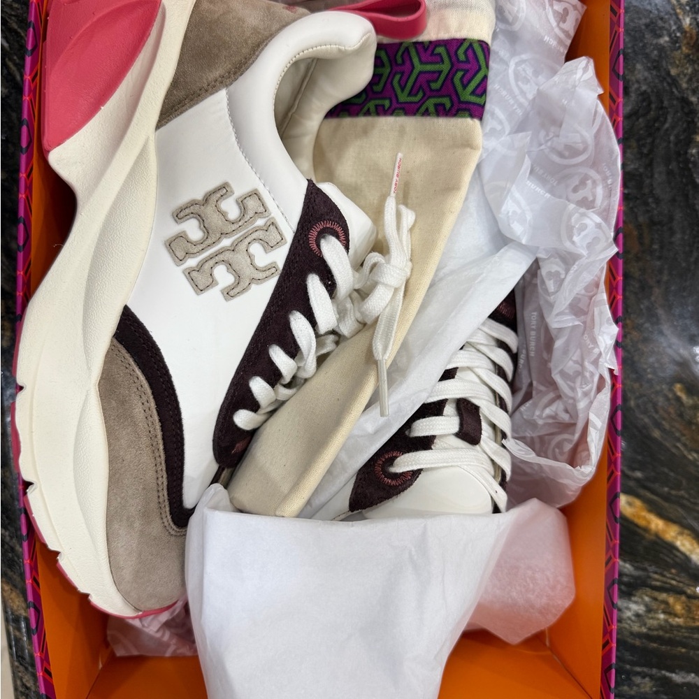 BRAND NEW Tory Burch White and Tan Sneakers with Pink Accents